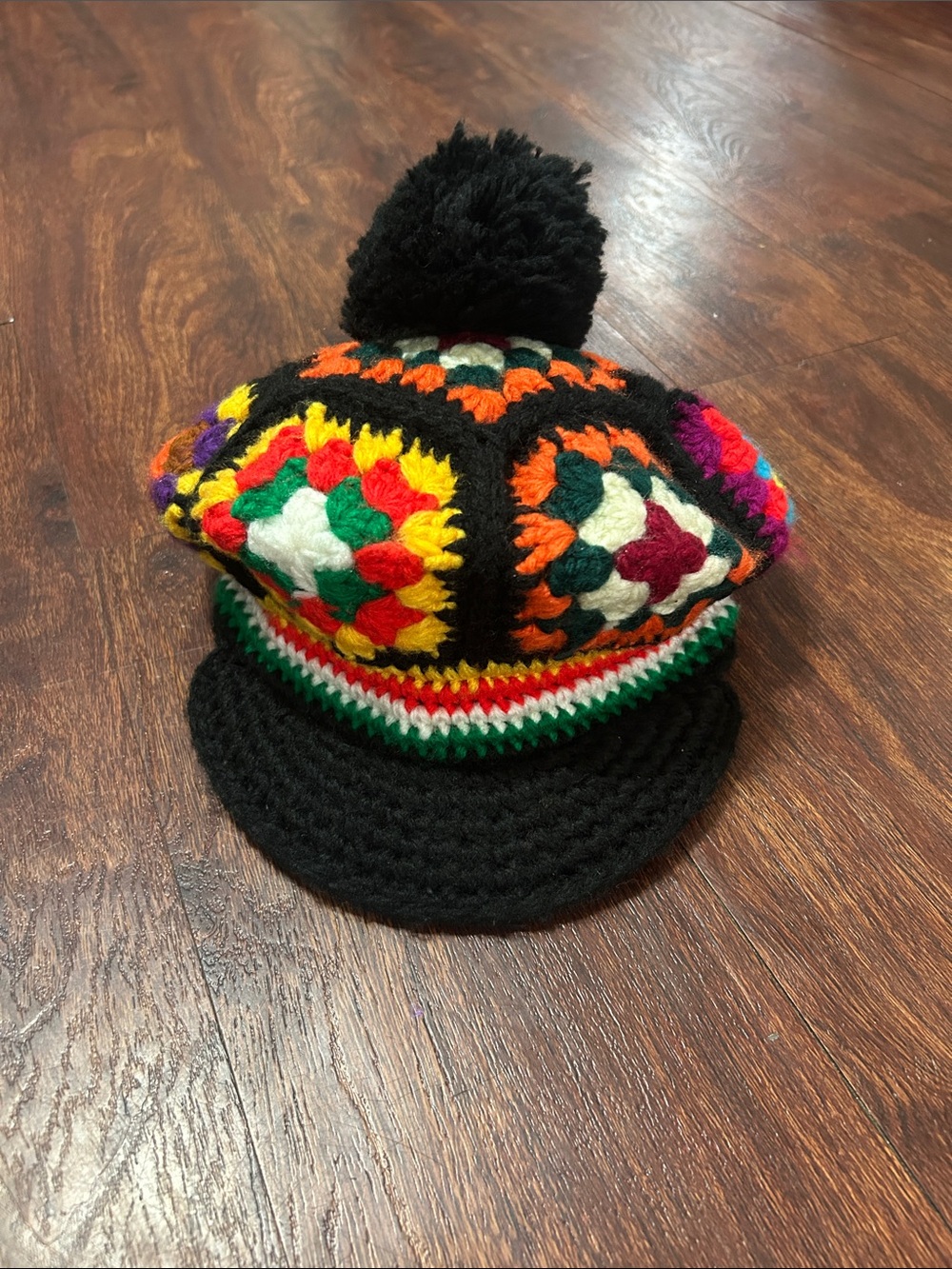 betmar Black Crochet Pom Pom Kids Cap with Multicolor Granny Squares